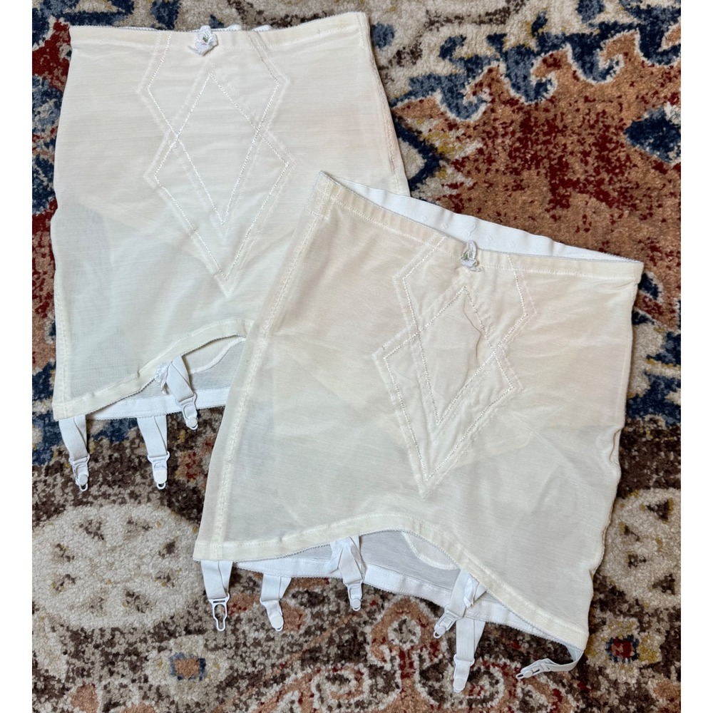 Vintage High Waisted Girdle Set Cream Diamond‎ Stitch Garter Clips Large 29/30
